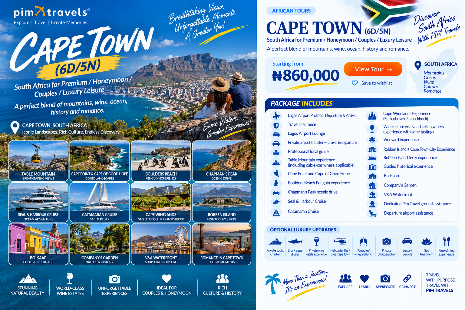 CAPE TOWN  South Africa for Premium / Honeymoon / Couples / Luxury Leisure